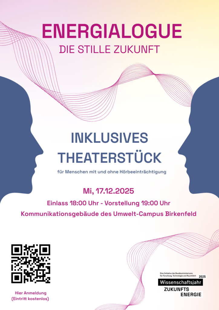 Plakat zur Aufführung. Zwei Gesichter, die sich anschauen. Heller Hintergrund mit gelben, pinken und orangenen Energiefeldern. Pinke, verschnörkelte Linien.