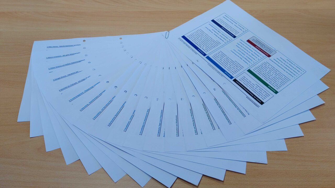 Mehrere Exemplare desselben Leitfadens, fächerförmig übereinandergelegt, sodass nur ein Teil jedes Titelblatts sichtbar ist. Auf dem Titelblatt sind mehrere Textblöcke in verschiedenen Farben eingerahmt, die wichtige Informationen hervorheben.